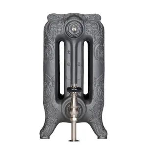 End view of an ornate Rococo III three-column cast iron radiator in Black Iron on scrolled feet, with a satin nickel valve, on white.