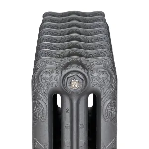 End view of a Rococo III cast iron radiator in Black Iron, showing ornate scrollwork on three-column sections and a Castrads-stamped plug.
