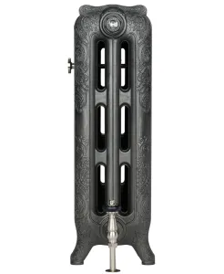 End view of an ornate Rococo III cast iron radiator on feet in a metallic Black Iron finish, with nickel valve and bleed fittings.