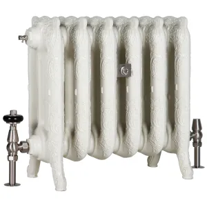 Ornate Rococo III 470mm cast iron radiator in Oatmeal on feet, with a satin nickel thermostatic valve, lockshield valve and wall stay.