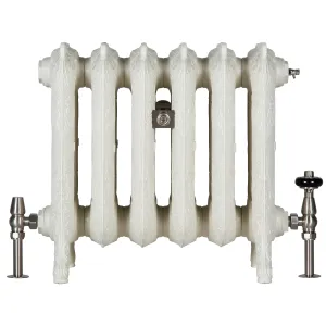 Ornate six-section Rococo III 470mm cast iron radiator on feet in Oatmeal, with satin nickel valves and a wall stay, on a white background.