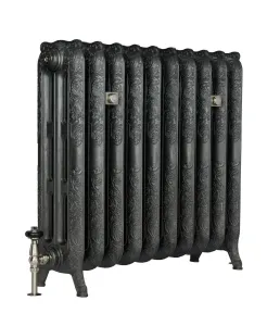 Ornate Rococo III cast iron radiator on feet in a dark metallic finish, with a satin nickel thermostatic valve and wall stays, on white.