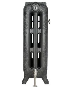 End view of an ornate Rococo III 768mm cast iron radiator on scrolled feet in a dark metallic finish, with a satin nickel valve and air vent.