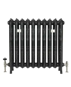 Ornate ten-section Rococo III cast iron radiator on feet in a black iron finish, with satin nickel valves, on a white background.