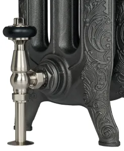 Close-up of an ornate Rococo III cast iron radiator foot in a dark metallic finish, with a satin nickel thermostatic valve and black head.