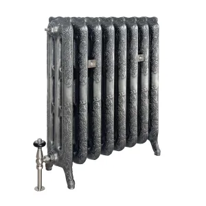 Ornate eight-section Rococo III cast iron radiator in Satin Polish on scrolled feet, with a nickel thermostatic valve and two wall stays, on white.