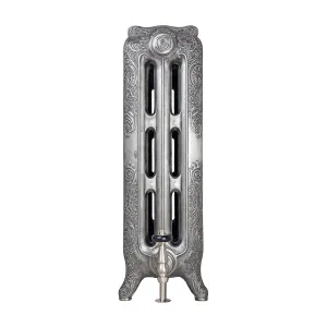 Ornate Rococo III cast iron radiator in Satin Polish, one section viewed end-on, on scrolled feet with a nickel valve, on a white background.