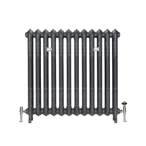 Ornate twelve-section Rococo III cast iron radiator in Black Iron on feet, with nickel angled valves and wall stays, on a white background.