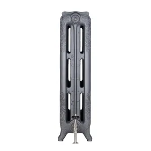 Narrow ornate Rococo III cast iron radiator on scrolled feet in a metallic Black Iron finish, with a nickel valve, on a white background.