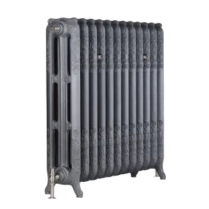 Ornate three-column Rococo III cast iron radiator in Black Iron on scrolled feet, with a satin nickel valve, on a white background.