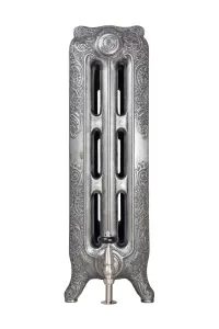 Ornate Rococo III cast iron radiator section in Satin Polish, on scrolled feet with a nickel valve, shown end-on against a white background.