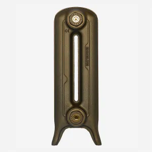 Single section of a plain Emmeline cast iron radiator on feet, end view, in a Beaten Brass metallic finish with Castrads brass bungs.