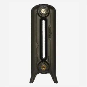 Single section of an Emmeline two-column cast iron radiator on feet, in a Bronze metallic finish with Castrads brass-centred plugs, on white.