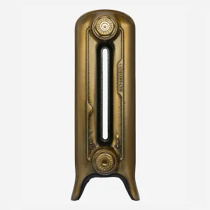 Single Emmeline cast iron radiator section on feet in an Aged Gold metallic finish, with Castrads-stamped end bushes, on a white background.