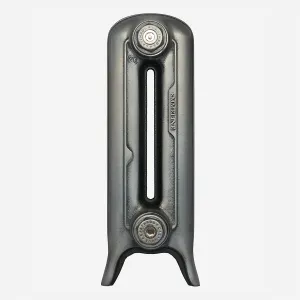 Single cast iron radiator section on legs in an Etch-coated Polish metal finish, with an EMMELINE embossed side and Castrads plugs.