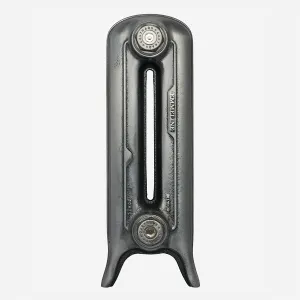 Single Emmeline cast iron radiator section on feet in a Full Polish bare metal finish, with Castrads-stamped plugs at top and bottom.