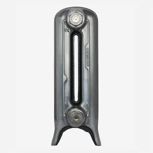 Single section of a plain Emmeline cast iron radiator on legs in a Mirror Polish finish, with Castrads end plugs, on a white background.