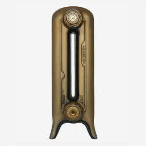 Single Emmeline cast iron radiator section on feet in Natural Brass, with dark recesses and brass Castrads end plugs, against a plain grey background.