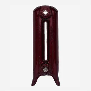 Single section of an Emmeline cast iron radiator on legs, end-on, in a glossy deep red Ox Blood metallic finish with nickel bushes.
