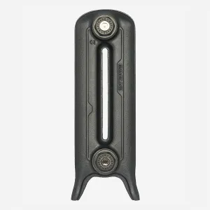 Single Emmeline cast iron radiator section on legs in Natural Pewter, with a slotted centre and Castrads-stamped plugs top and bottom.