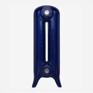 Single Emmeline cast iron radiator section on legs in a glossy Sapphire Blue metallic finish, with chrome plugs top and bottom, on a white background.