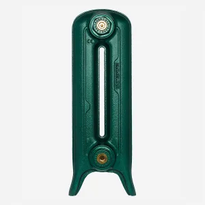 Single Emmeline cast iron radiator section on feet, shown end-on in a metallic Wimbledon Green finish with brass-centred end caps.
