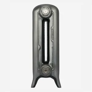 A single plain Emmeline cast iron radiator section on legs in a Satin Polish bare metal finish, with Castrads-stamped end plugs, on a white background.