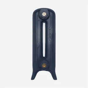 Single Emmeline two-column cast iron radiator section on feet in a dark navy blue finish, with brass end plugs, seen end-on.
