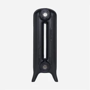Single section of an Emmeline cast iron radiator on feet, two columns with a central slot, in Astral Grey Dark with Castrads plugs.