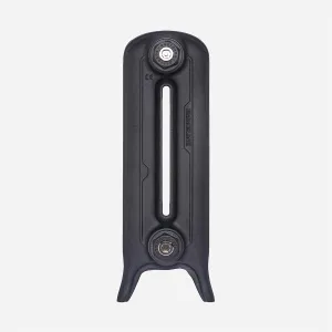 A single plain two-column Emmeline cast iron radiator section on legs in a Black Iron finish, with top and bottom end plugs, on a white background.