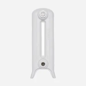 A single plain two-column Emmeline cast iron radiator section on legs in Ceramic White, with nickel valve-port plugs top and bottom.