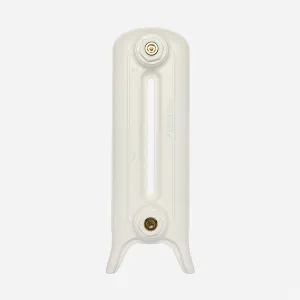 Side view of a single plain Emmeline cast iron radiator section on feet in Chalk, with brass hex plugs at top and bottom.