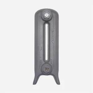 Single section of a plain two-column Emmeline cast iron radiator on feet, in Quartz Grey, end view with plugs at top and bottom.