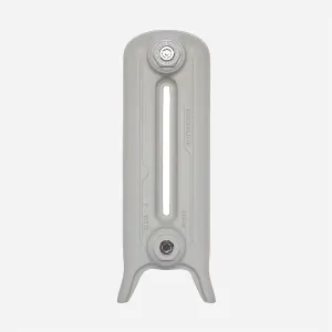 A single section of an Emmeline cast iron radiator on legs in Pebble Grey, viewed end-on, with a central slot and two silver end plugs.