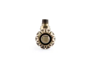 Chatsworth angled radiator valve in Antique Brass seen end-on, showing its scalloped head, square spindle cap and threaded tail, on white.