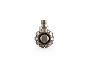 Chatsworth angled radiator valve in Satin Nickel seen head-on, with a fluted round head, square centre cap and threaded tail, on white.