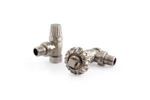 A pair of Chatsworth angled radiator valves in Satin Nickel, one with a ribbed head and one with a fluted cap, on a white background.