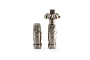 Pair of ornate Chatsworth radiator valves in Satin Nickel: a thermostatic valve with fluted crown head beside a lockshield, on white.