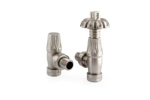 Chatsworth angled thermostatic radiator valve and matching lockshield in Satin Nickel, with ornate fluted heads, on a white background.