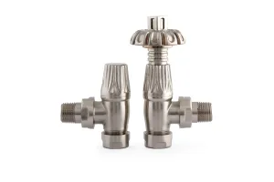 Chatsworth angled radiator valve pair in Satin Nickel: a thermostatic valve with an ornate fluted head beside a matching lockshield, on white.