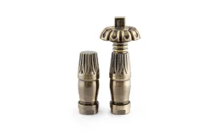 Chatsworth radiator valve pair in Antique Brass: an ornate thermostatic valve with a fluted crown head beside a matching lockshield, on white.