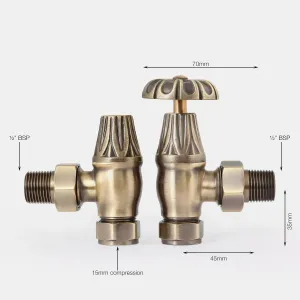 Pair of Chatsworth angled manual radiator valves in Antique Brass with ornate fluted heads, on white with 70mm, 45mm and 35mm dimensions marked.