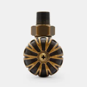 Chatsworth angled manual radiator valve in Natural Brass, front view of the fluted round head with hex nut and threaded tail, on white.