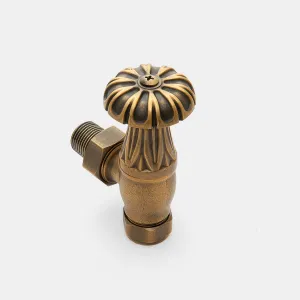 Chatsworth angled manual radiator valve in Natural Brass with an ornate fluted head and threaded tail, on a plain white background.