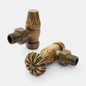 Pair of Chatsworth angled manual radiator valves in Natural Brass with ornate fluted heads and hex nuts, on a plain white background.