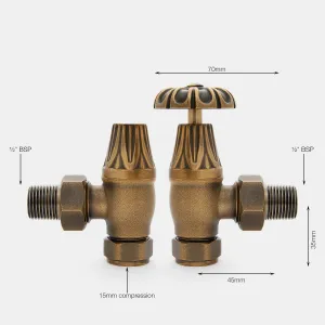 Pair of Chatsworth angled manual radiator valves in Natural Brass with fluted heads, one with a wheel handle, labelled with dimensions.