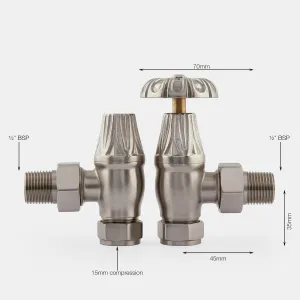Pair of Chatsworth angled radiator valves in Satin Nickel with ornate fluted heads, on grey with dimensions: 70mm, 45mm, 35mm, ½" BSP.