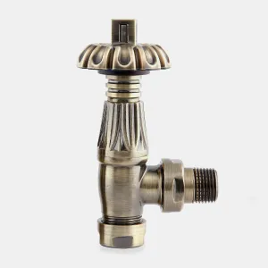 Chatsworth angled radiator valve in Antique Brass with an ornate fluted body and scalloped head, shown on a plain light grey background.