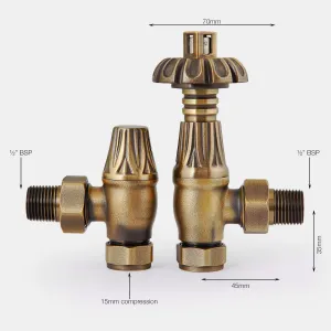 Pair of Chatsworth angled radiator valves in Natural Brass, one thermostatic and one lockshield, with fluted heads and dimensions marked.