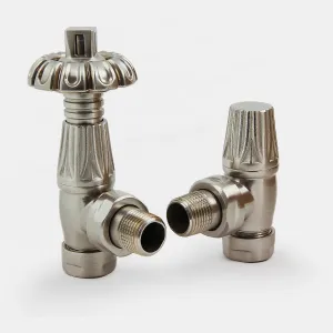 A pair of ornate Chatsworth angled radiator valves in Satin Nickel, a thermostatic head with a fluted crown beside a lockshield, on white.